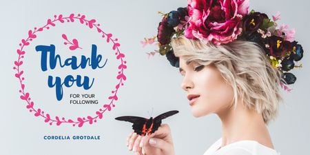 Blog Promotion with Woman in Flowers Wreath Twitter Modelo de Design