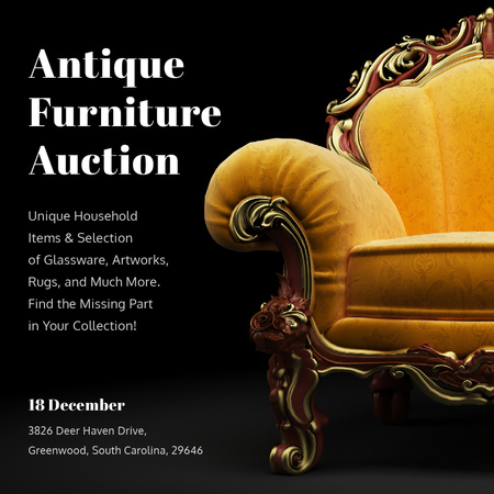 Antique Furniture Auction Luxury Yellow Armchair Instagram AD tervezősablon
