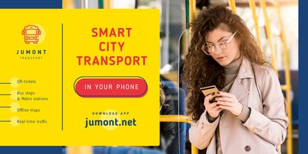 City Transport Woman in Bus with Smartphone Twitter tervezősablon