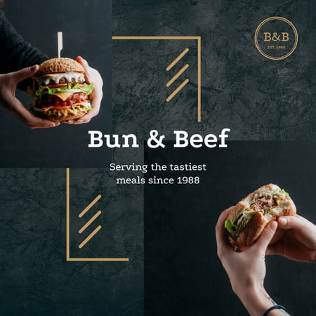 Restaurant Ad with hands holding Burger Instagram AD Tasarım Şablonu