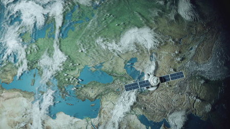Designvorlage Satellite is flying above the Earth für Zoom Background