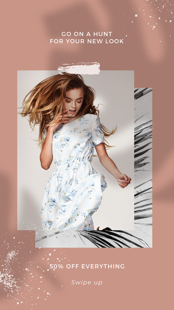 Modèle de visuel Shop Offer with Woman posing in white Dress - Instagram Story