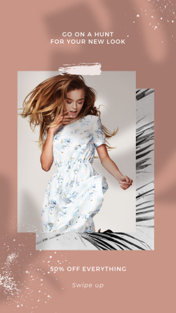 Szablon projektu Shop Offer with Woman posing in white Dress Instagram Story