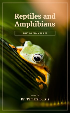 Plantilla de diseño de Enciclopedia de mascotas con rana verde en la hoja Book Cover 