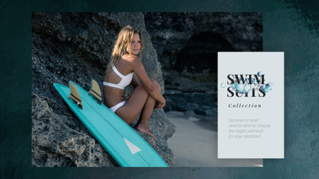 Platilla de diseño Swimwear Ad Woman in Bikini with Surfboard Full HD video