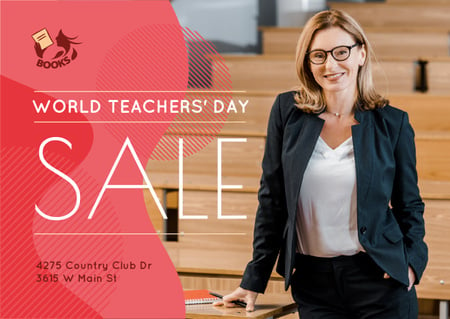 Platilla de diseño World Teachers' Day Sale Confident Woman in Classroom Card