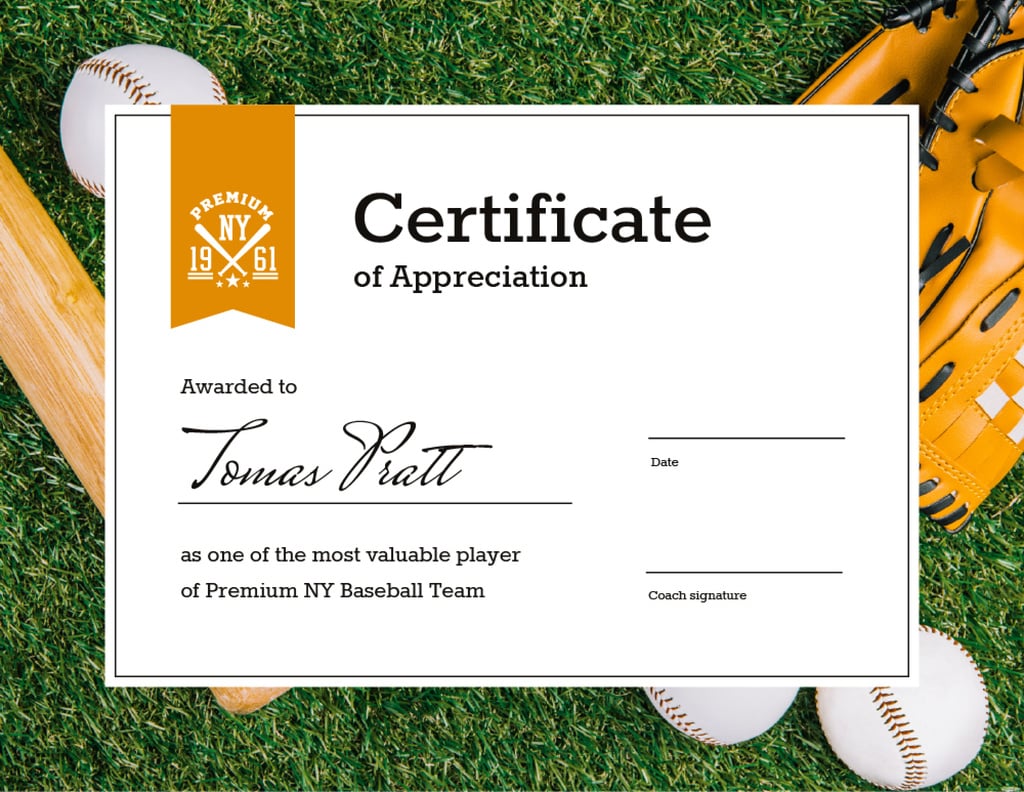 Baseball Player of the month Appreciation Certificateデザインテンプレート
