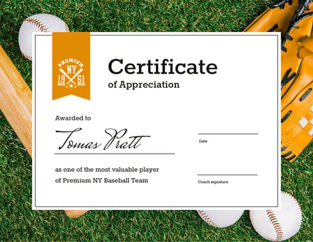 Baseball Player of the month Appreciation Certificate Design Template