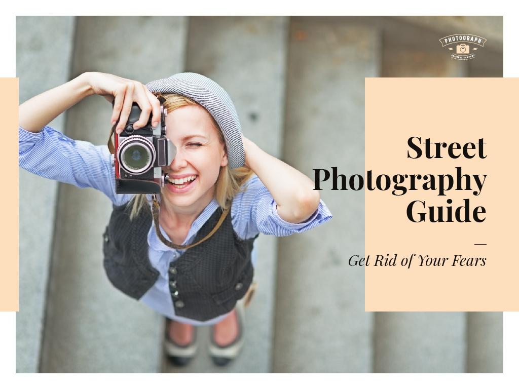Street Photography Guide Woman with Camera in City Presentation – шаблон для дизайна