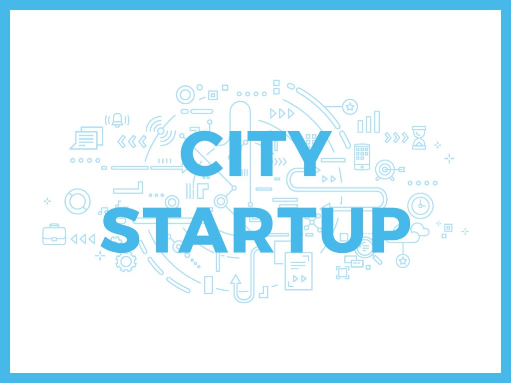 City Startup with Digital Devices Icons and Network Presentation Design Template