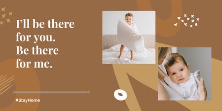 Platilla de diseño #StayHome Happy kid with pillow and Mother holding child Twitter