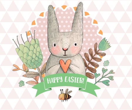 Ontwerpsjabloon van Facebook van Happy Easter greeting with bunny and bee