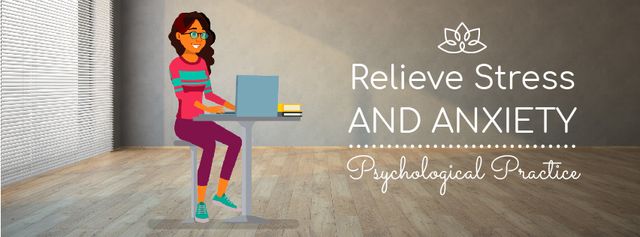 Psychological Practice Guide Stressed Woman with Laptop Facebook Video cover tervezősablon