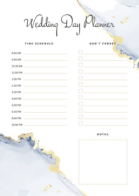 Wedding Day Planner with Watercolour Texture Schedule Planner Design Template