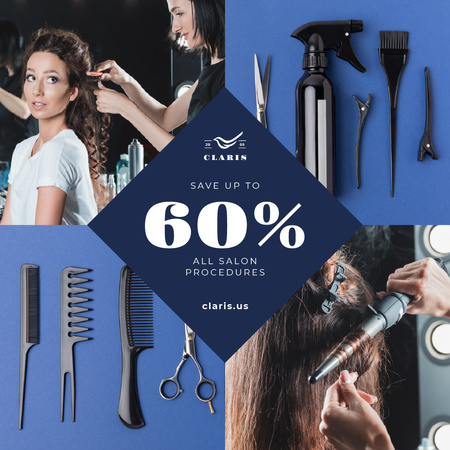 Fodrászati eszközök eladási hirdetése kék színben Instagram tervezősablon