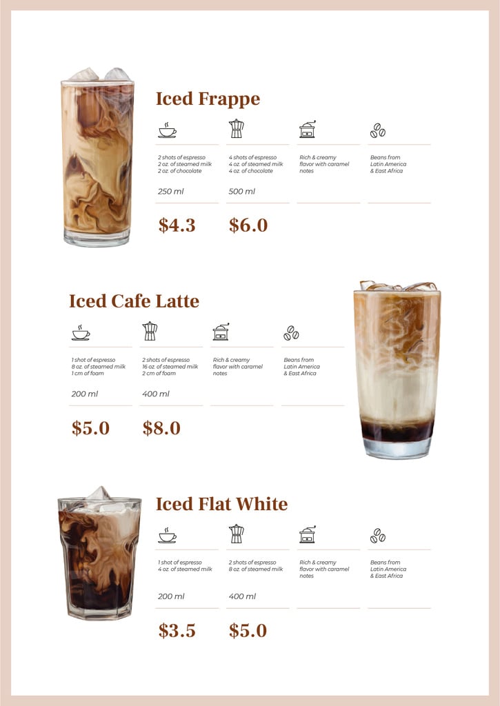 Iced Coffee drinks offer Menu tervezősablon