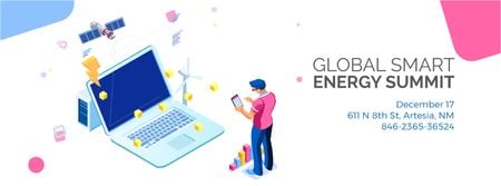 Man by laptop with renewable energy icons Facebook Video cover tervezősablon