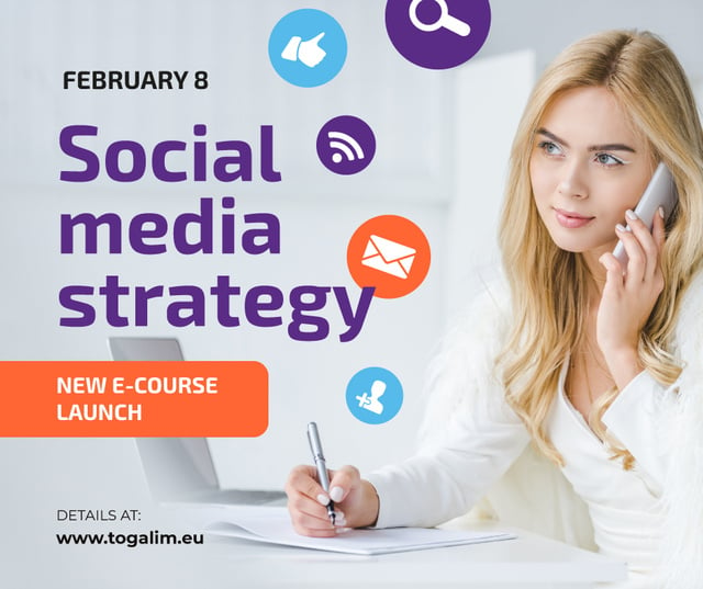 Social Media Course Woman with Notebook and Smartphone Facebook Design Template