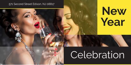 New Year celebration with Attractive Women Twitter Design Template
