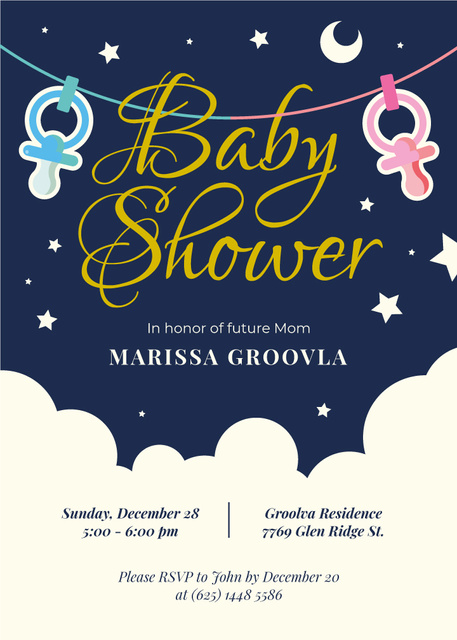 Baby Shower Invitation with Pacifiers on Garland Invitation Modelo de Design