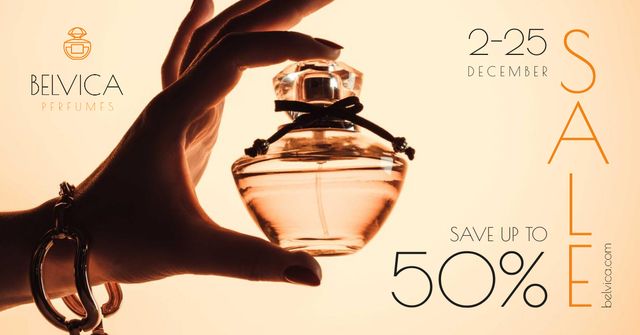 Plantilla de diseño de Sale Offer with Woman Holding Perfume Bottle Facebook AD 
