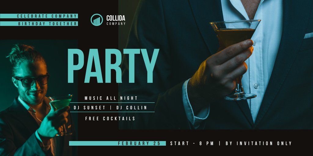 Party Invitation with Man in Suit with Cocktail Twitter Modelo de Design