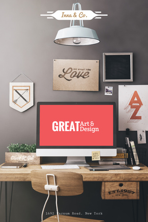 Designvorlage Design Agency Ad with Computer Screen on Working Table für Pinterest