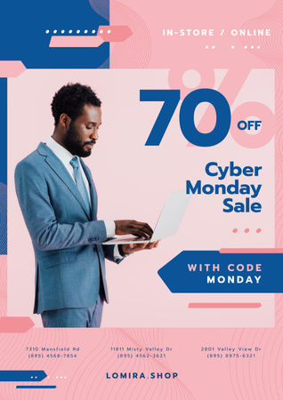 Platilla de diseño Cyber Monday Sale with Man Typing on Laptop Poster