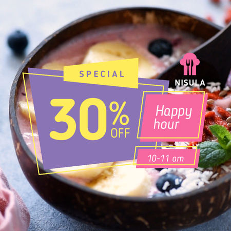 Happy Hour Offer with Smoothie Bowl and Fruits Animated Post Design Template