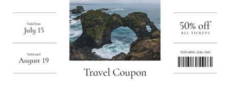 Travel Offer with Scenic Landscape of Ocean Rock Coupon Design Template