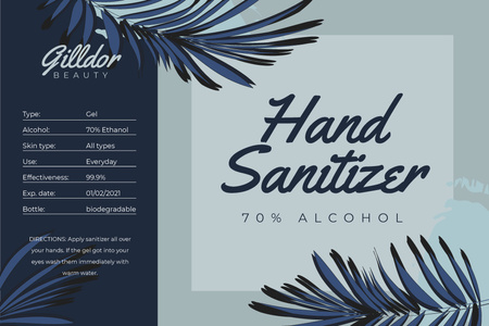 Hand Sanitizer ad on palm leaves Label tervezősablon