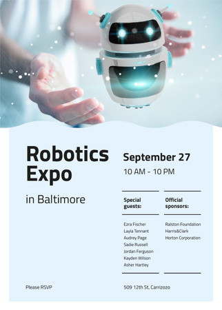 Hands holding Robot at expo Invitation Design Template