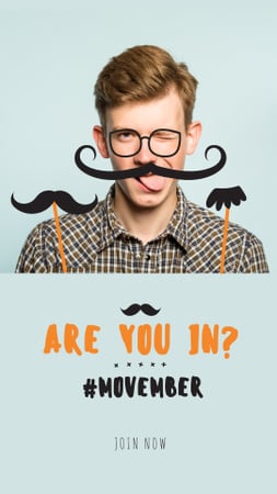 Boy with mustache and beard mask on Movember Instagram Story Modelo de Design