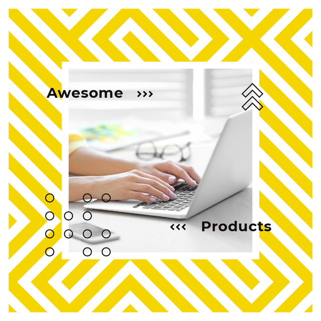 Woman typing on laptop in yellow Instagram AD – шаблон для дизайну