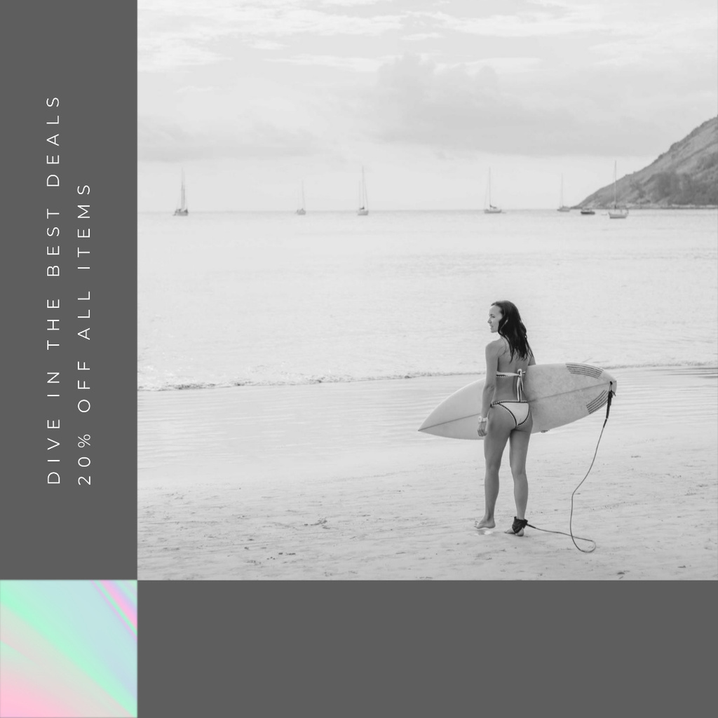Template di design Shop Sale announcement Woman with Surfboard Instagram