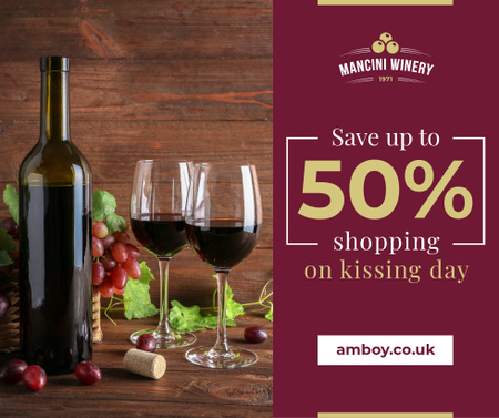 Platilla de diseño Red Wine Bottle and Filled Glasses on Kissing Day Facebook