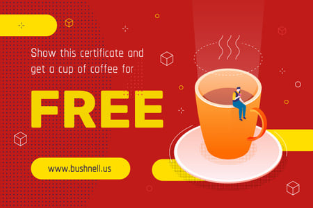 Ontwerpsjabloon van Gift Certificate van Discount Offer with Man on the Giant Coffee Cup