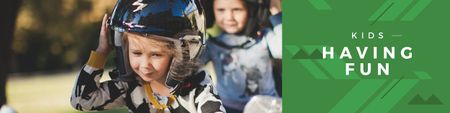 Happy little kids wearing helmets Twitter Design Template