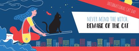 International Cat Day Girl flying with Black Cat Facebook cover – шаблон для дизайна