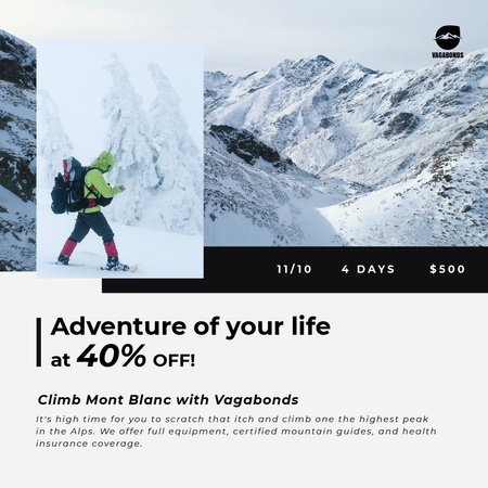 Tour Offer with Climber Walking on Snowy Peak Animated Post Design Template