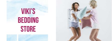 Platilla de diseño Bedding Store Offer with Girls playing Pillow Fight Facebook cover