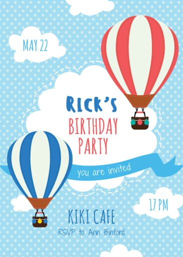 Birthday Party Invitation Hot Air Balloons 