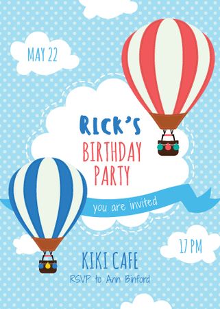 Birthday Party Announcement with Hot Air Balloons Invitation tervezősablon