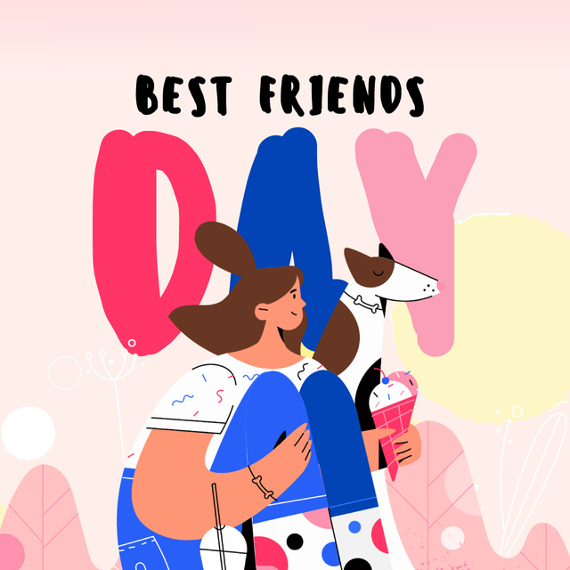 Best Friends Day with Girl and Dog Eating Ice-Cream Animated Post Šablona návrhu