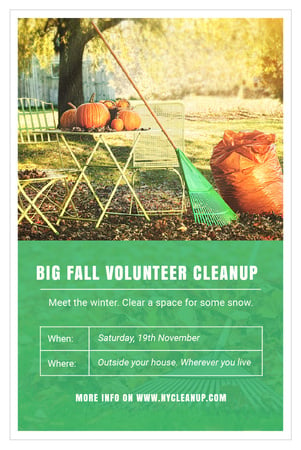 Volunteer Cleanup Announcement with Autumn Garden and Pumpkins Pinterest Design Template
