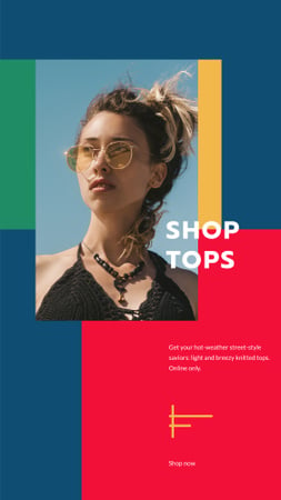 Fashion Tops sale ad with Girl in sunglasses Instagram Story Tasarım Şablonu