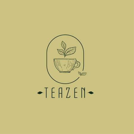 Tea Cup with Leaves in Frame Logo Design Template