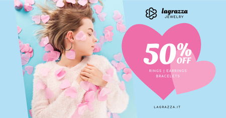 Jewelry Sale Woman in Pink Hearts Facebook AD – шаблон для дизайну