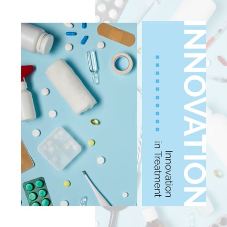 Plantilla de diseño de píldoras y medicamentos sobre la mesa en azul Instagram AD 