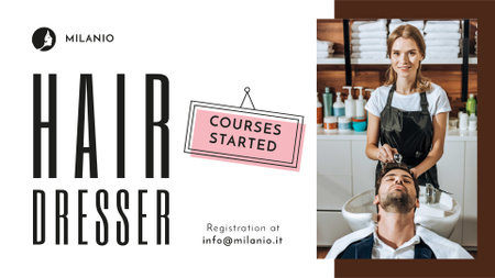 Hairdressing Courses stylist with client in Salon FB event cover Modelo de Design
